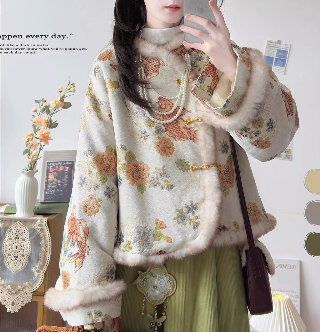 Retro-style Chinese brocade jacquard fleece-lined coat