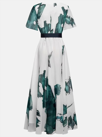 V-Neck Digital Printed Short Sleeve Dress Women