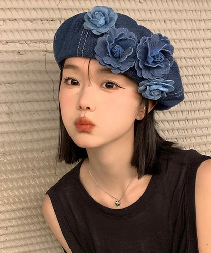 Japanese Style Blue Flower Patchwork Denim Beret Hat