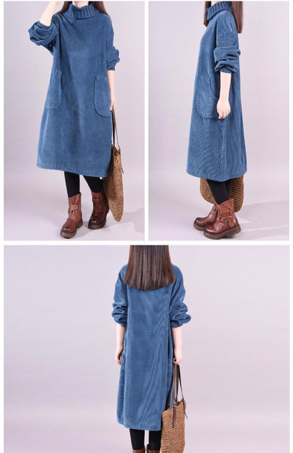 Women's Corduroy Midi Dress High Neck Big Pockets Fleece Lined Thickened