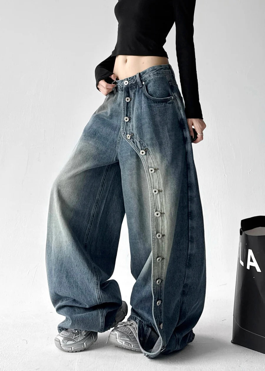 Fine Blue Oversized Rivet Denim Wide Leg Pants Fall