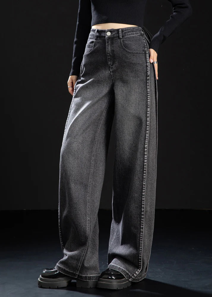 Handmade Black Oversized Patchwork Denim Straight Pants Spring