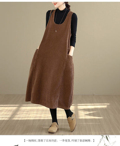 Women's Plus Size Corduroy Maxi Dress Loose Winter 2026 Korean Style