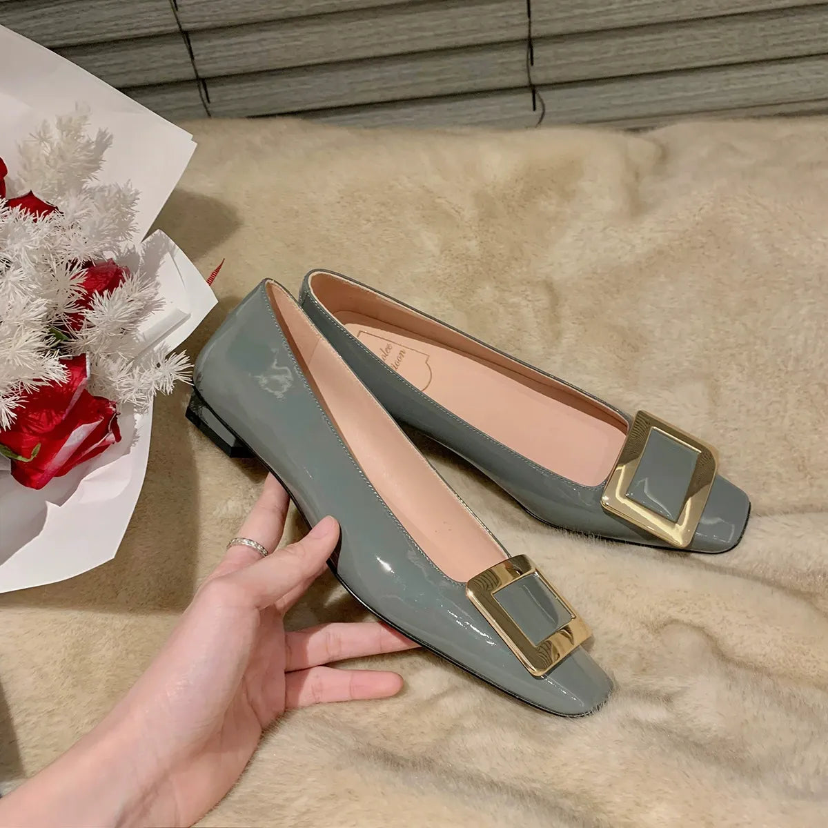 Women's Classic Square-Buckle Block-Heel Shoes