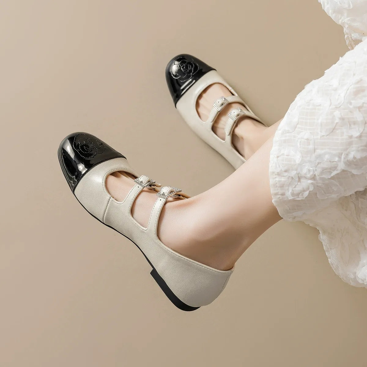 Mary Jane shoes single strap low-cut color-blocked flats