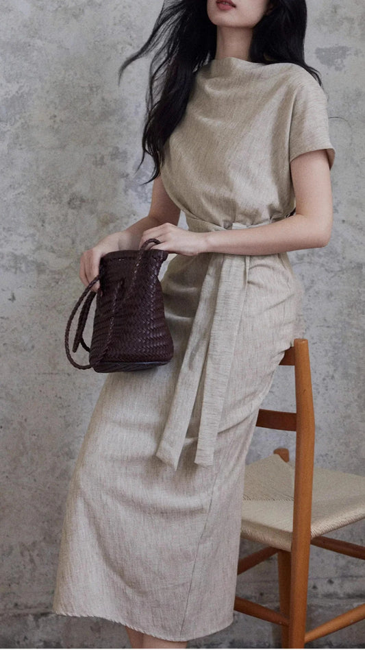 Beige Cowl Neck Short Sleeve Belted Waist Maxi Dresses Summer
