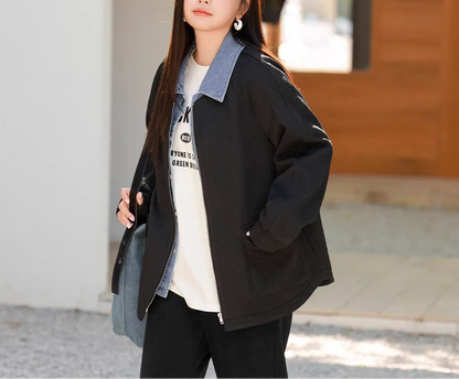 Plus Size 2026 Spring Loose Jacquard Knit Fake Two-Piece Denim Jacket