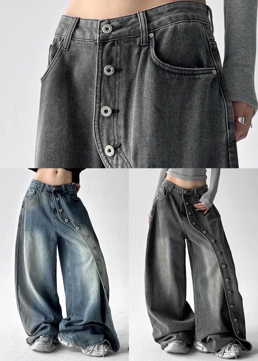 Fine Blue Oversized Rivet Denim Wide Leg Pants Fall