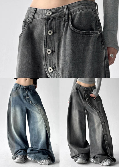 Fine Blue Oversized Rivet Denim Wide Leg Pants Fall