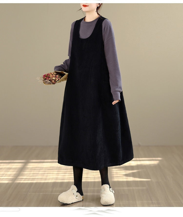 Women's Plus Size Corduroy Maxi Dress Loose Winter 2026 Korean Style