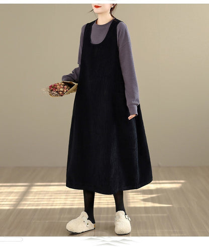 Women's Plus Size Corduroy Maxi Dress Loose Winter 2026 Korean Style