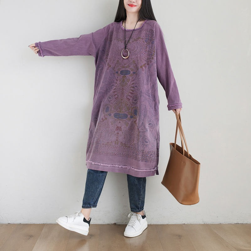 Plus Size Ethnic Art Gradient Midi Dress Crew Neck Loose Sweatshirt