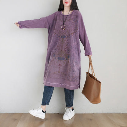 Plus Size Ethnic Art Gradient Midi Dress Crew Neck Loose Sweatshirt