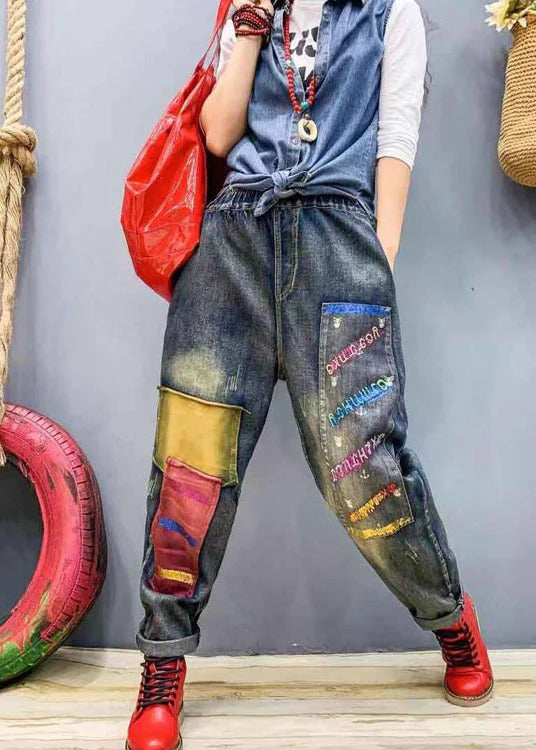 Fashion Blue patch applique denim harem Pants