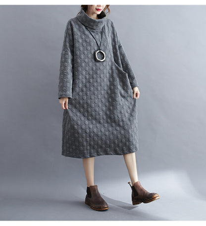 Plus Size Polka Dot Turtleneck Maxi Dress Artistic Style