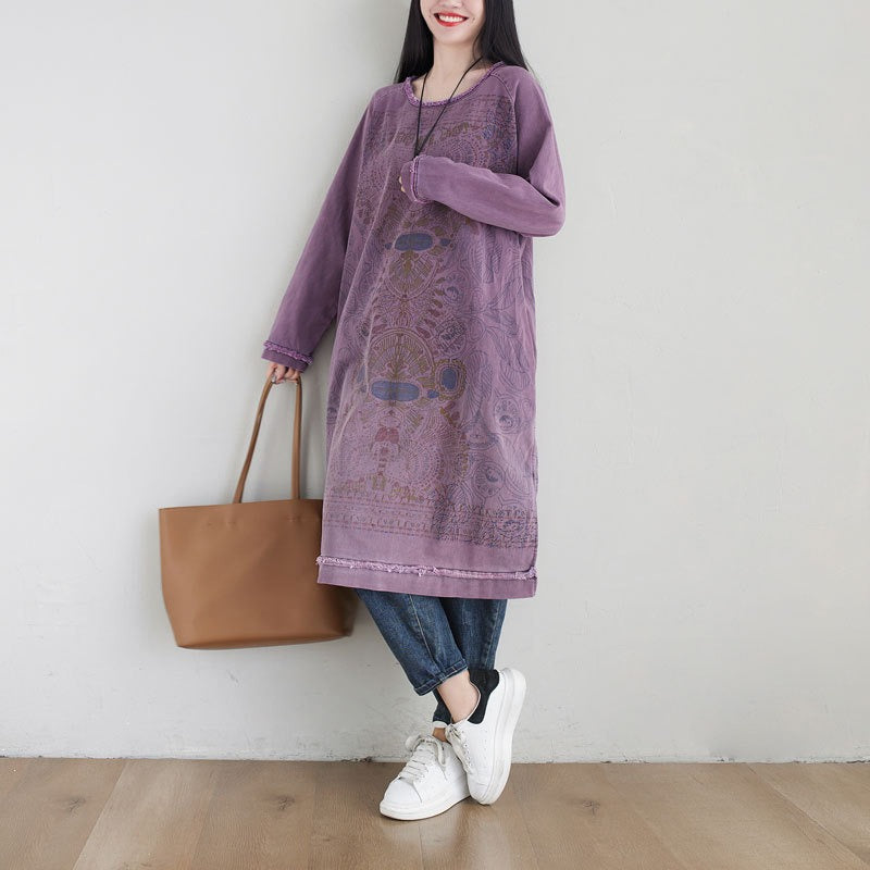 Plus Size Ethnic Art Gradient Midi Dress Crew Neck Loose Sweatshirt
