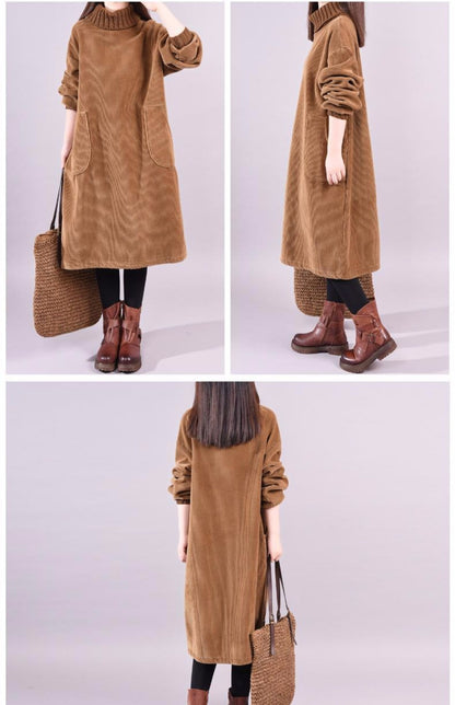 Women's Corduroy Midi Dress High Neck Big Pockets Fleece Lined Thickened