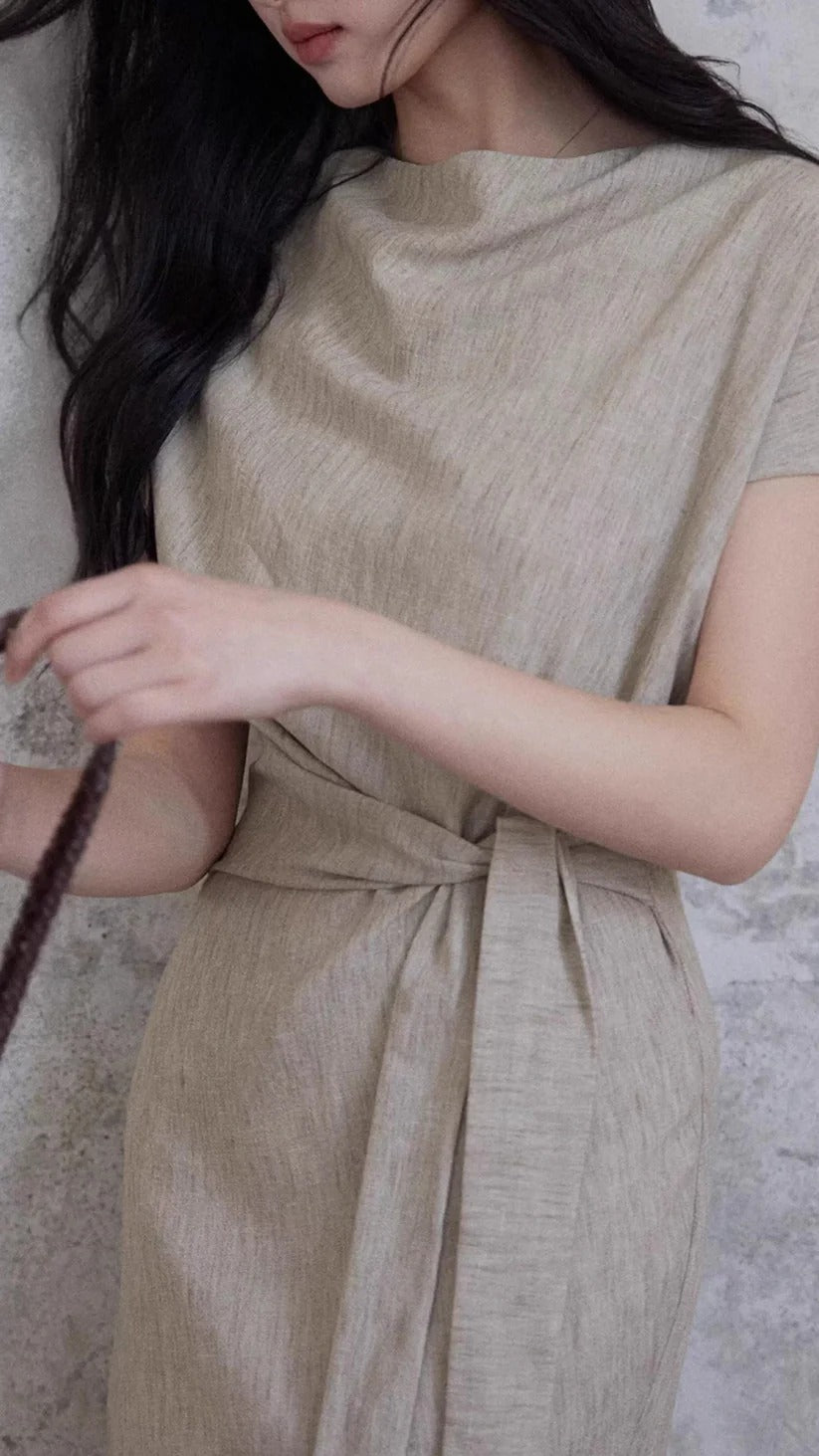 Beige Cowl Neck Short Sleeve Belted Waist Maxi Dresses Summer