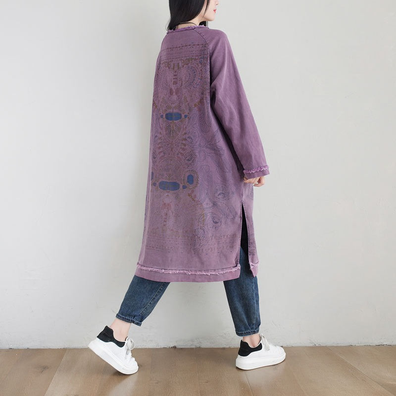 Plus Size Ethnic Art Gradient Midi Dress Crew Neck Loose Sweatshirt