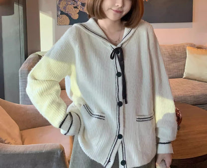 Plus Size Sailor Collar Bow Tie Knit Cardigan