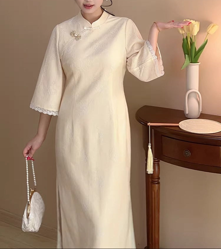 Plus Size Cream Yellow Lace Flared-Sleeve Retro Chinese Qipao