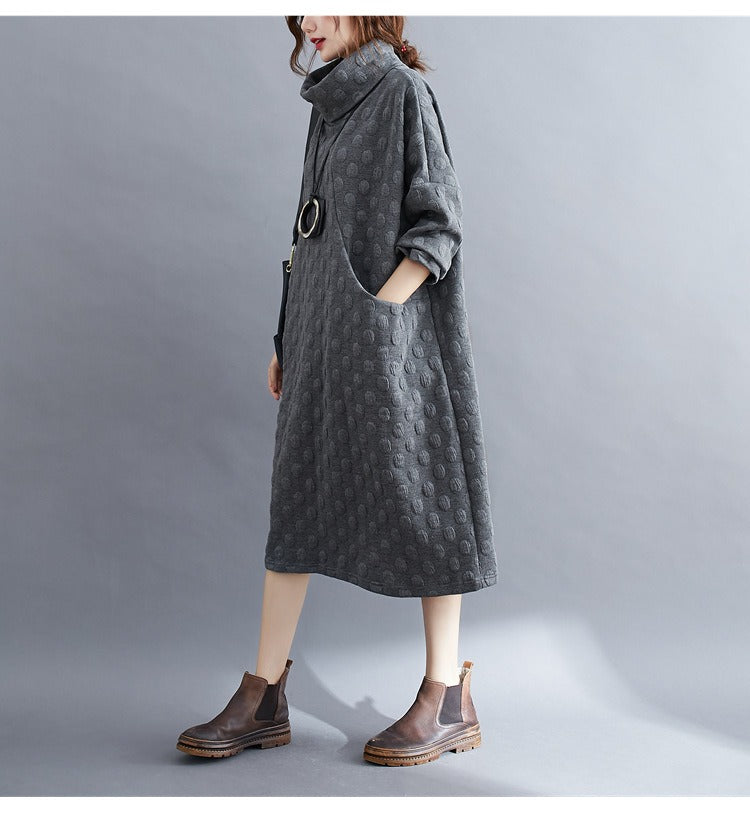 Plus Size Polka Dot Turtleneck Maxi Dress Artistic Style