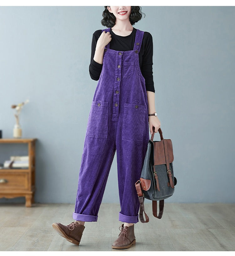 Retro Lazy Corduroy Overalls Winter Loose Slim Suspender Jumpsuit