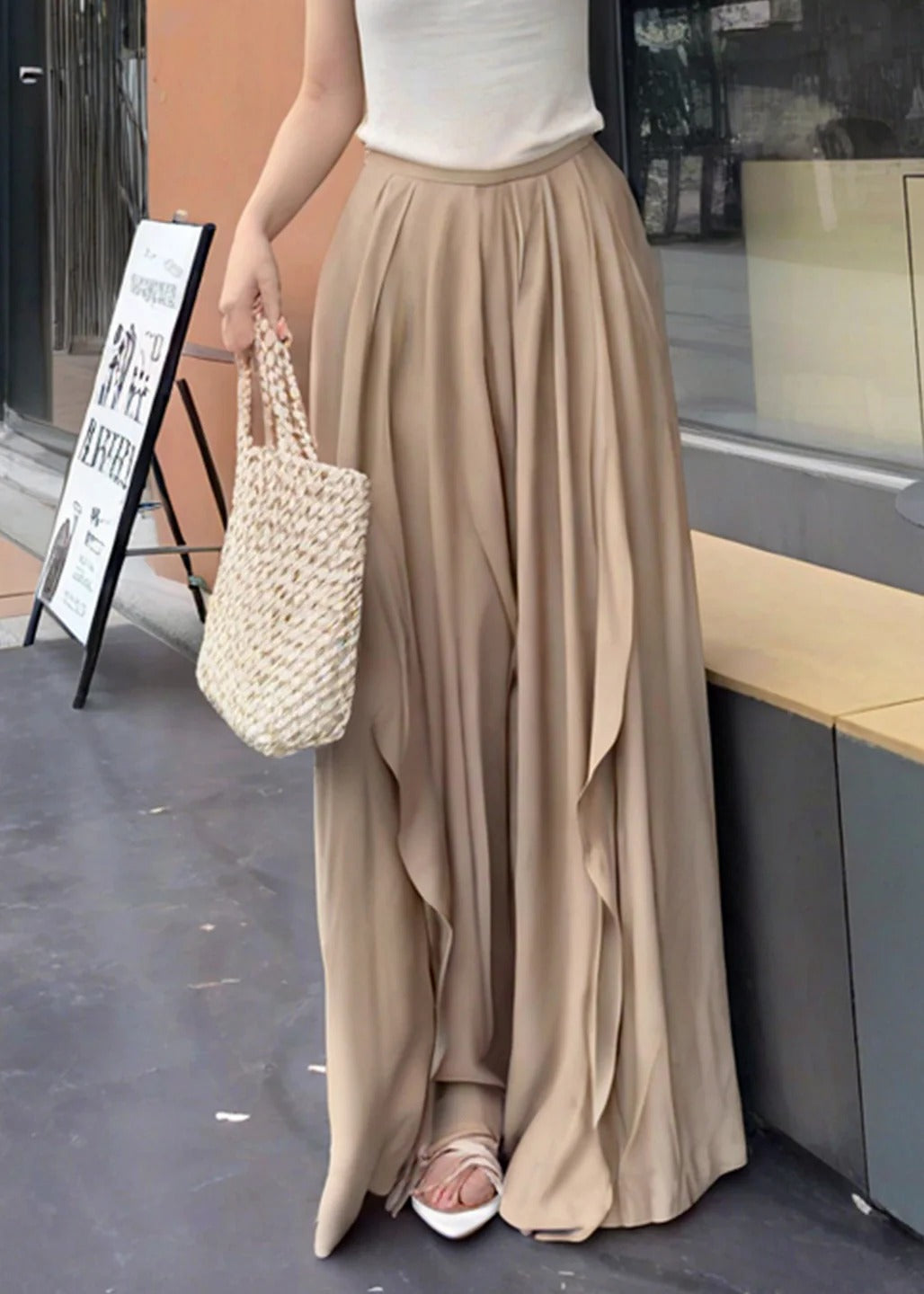 French Khaki Ruffled Patchwork Cotton Wide Leg Pants Summer