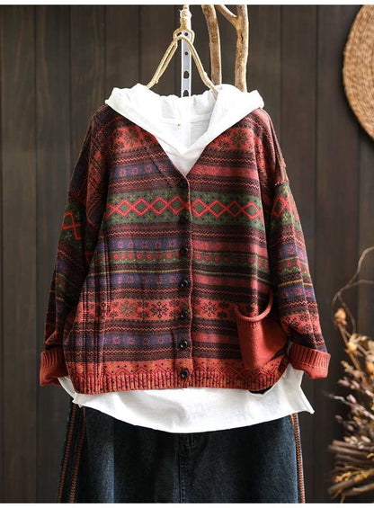 Retro Printed Knit Cardigan Loose V-Neck Long Sleeve Open Front Top