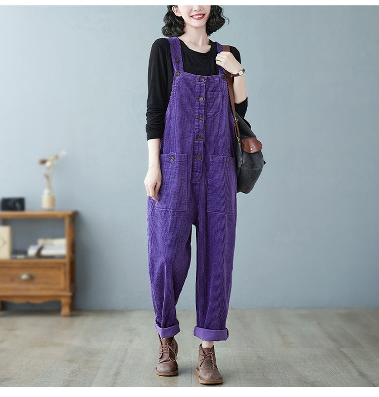 Retro Lazy Corduroy Overalls Winter Loose Slim Suspender Jumpsuit