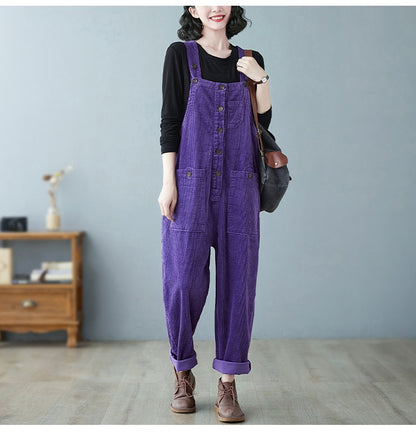 Retro Lazy Corduroy Overalls Winter Loose Slim Suspender Jumpsuit