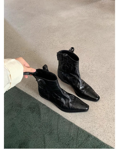 Women's Full Cowhide Square-Toe Ruched Western Martin Boots