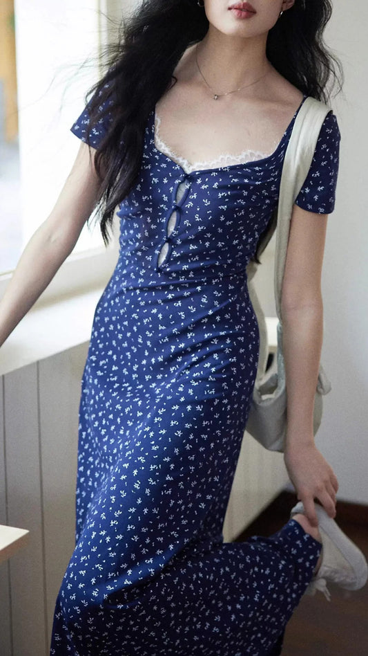 Navy Blue Ditsy Floral Square Neck Lace Trim Short Sleeve Maxi Dresses Summer