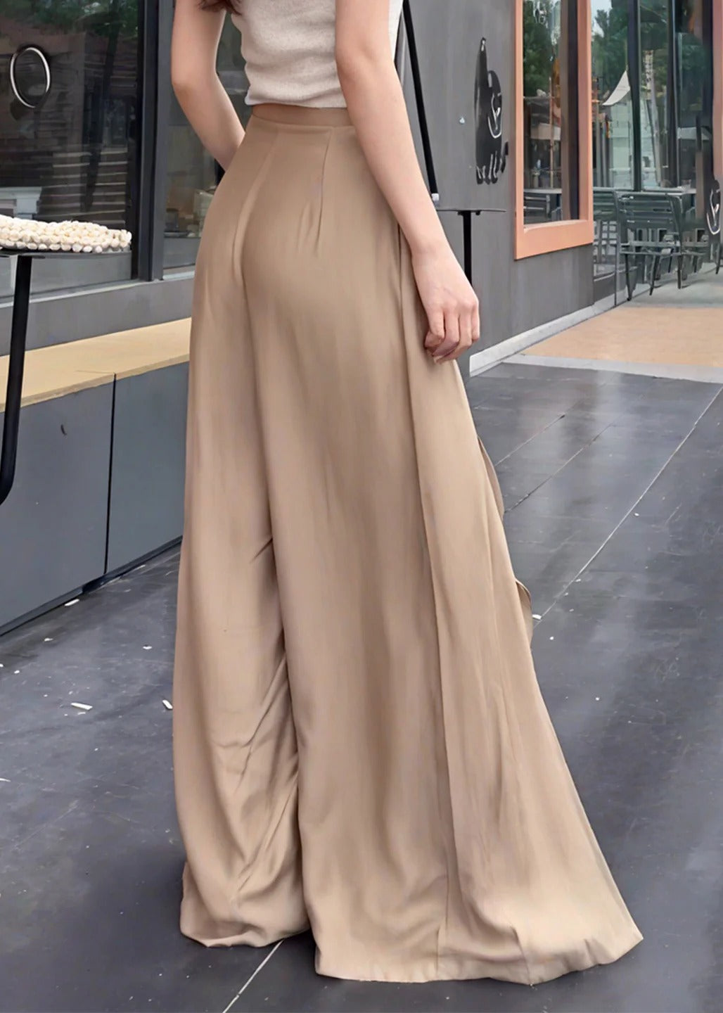 French Khaki Ruffled Patchwork Cotton Wide Leg Pants Summer