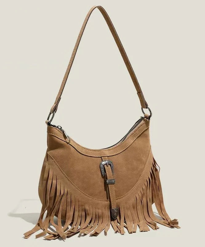 Handmade Khaki Tasseled Solid Durable Fine Suede Messenger Bag