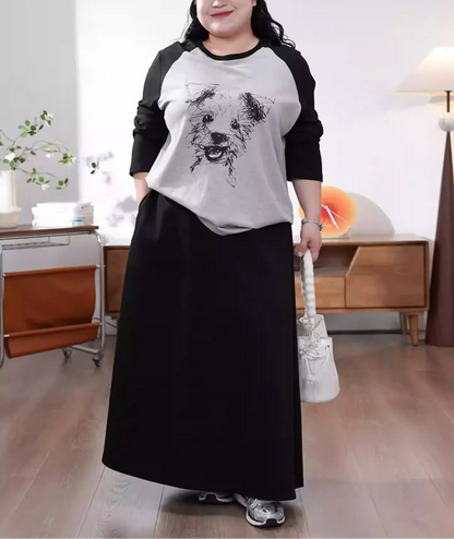 Plus Size Black & Gray Color Block Dog Print Long Sleeve Top