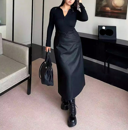 Plus Size High Waist Slim Bodycon Black Leather Skirt