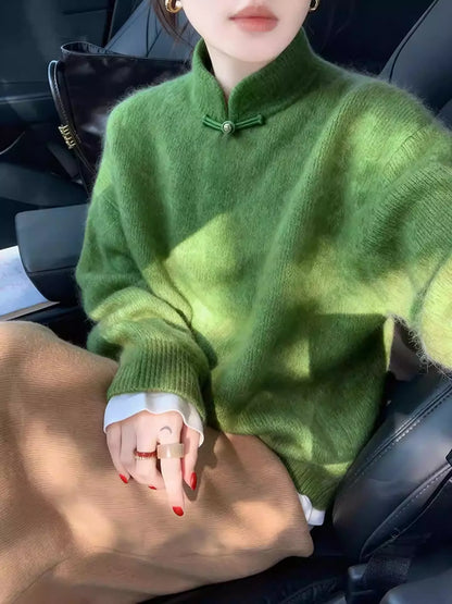 Chinese Mandarin Collar Sweater Thick Soft Lazy Luxury Winter Top