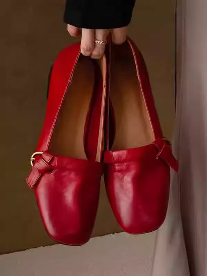 New Arrival Red Genuine Leather Low Heel Square Toe Low-Cut Pumps