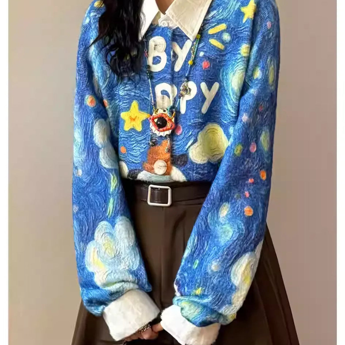 Women's Artistic Starry Sky Oil Painting Playful Print Cardigan Jacket New Arrival
