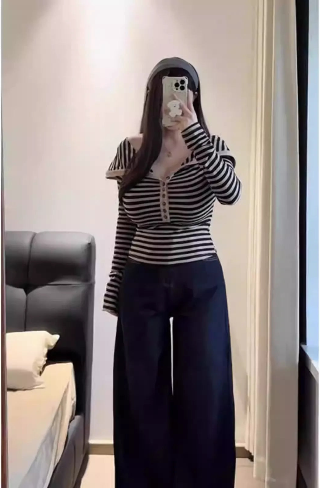 Plus Size Striped Off-the-Shoulder Long Sleeve Base Layer with Buttons