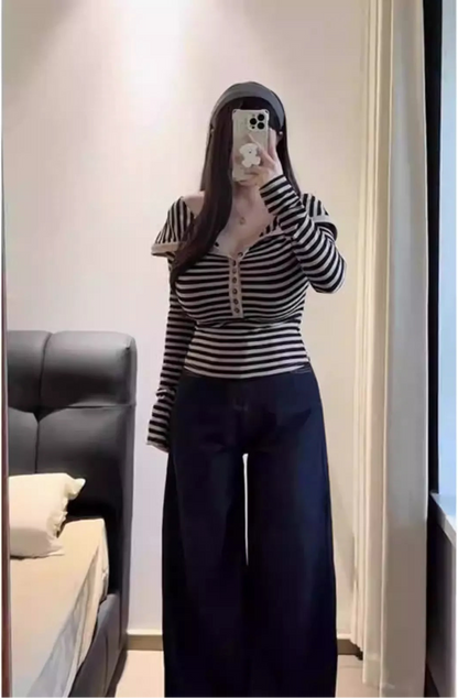 Plus Size Striped Off-the-Shoulder Long Sleeve Base Layer with Buttons