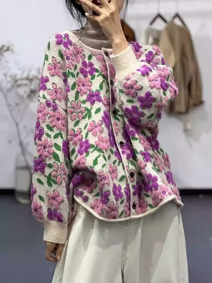 Luxury Slouchy Fair Isle Jacquard Round Neck Plus Size Cardigan Coat