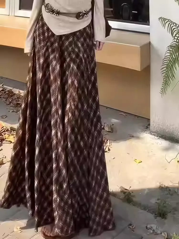 Retro American Plaid Maxi Skirt