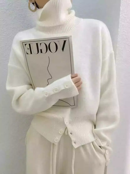 Women's Designer Button Slit Turtleneck Cashmere Sweater New Arrival
