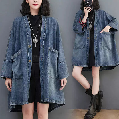 Women's Oversized Denim Trench Coat – V-Neck Design & Functional Pockets