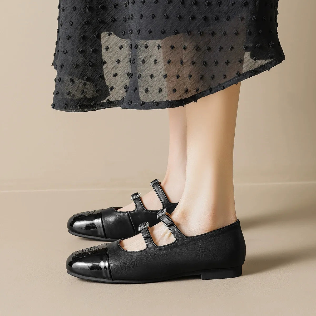 Mary Jane shoes single strap low-cut color-blocked flats