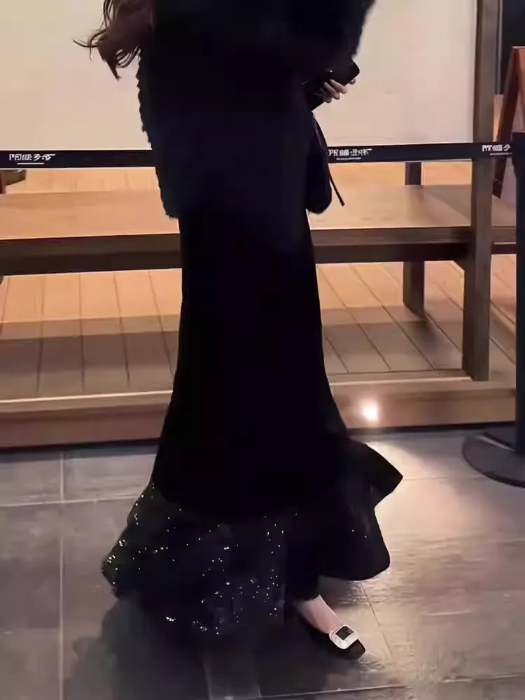 Black Velvet Sequin Mermaid Skirt