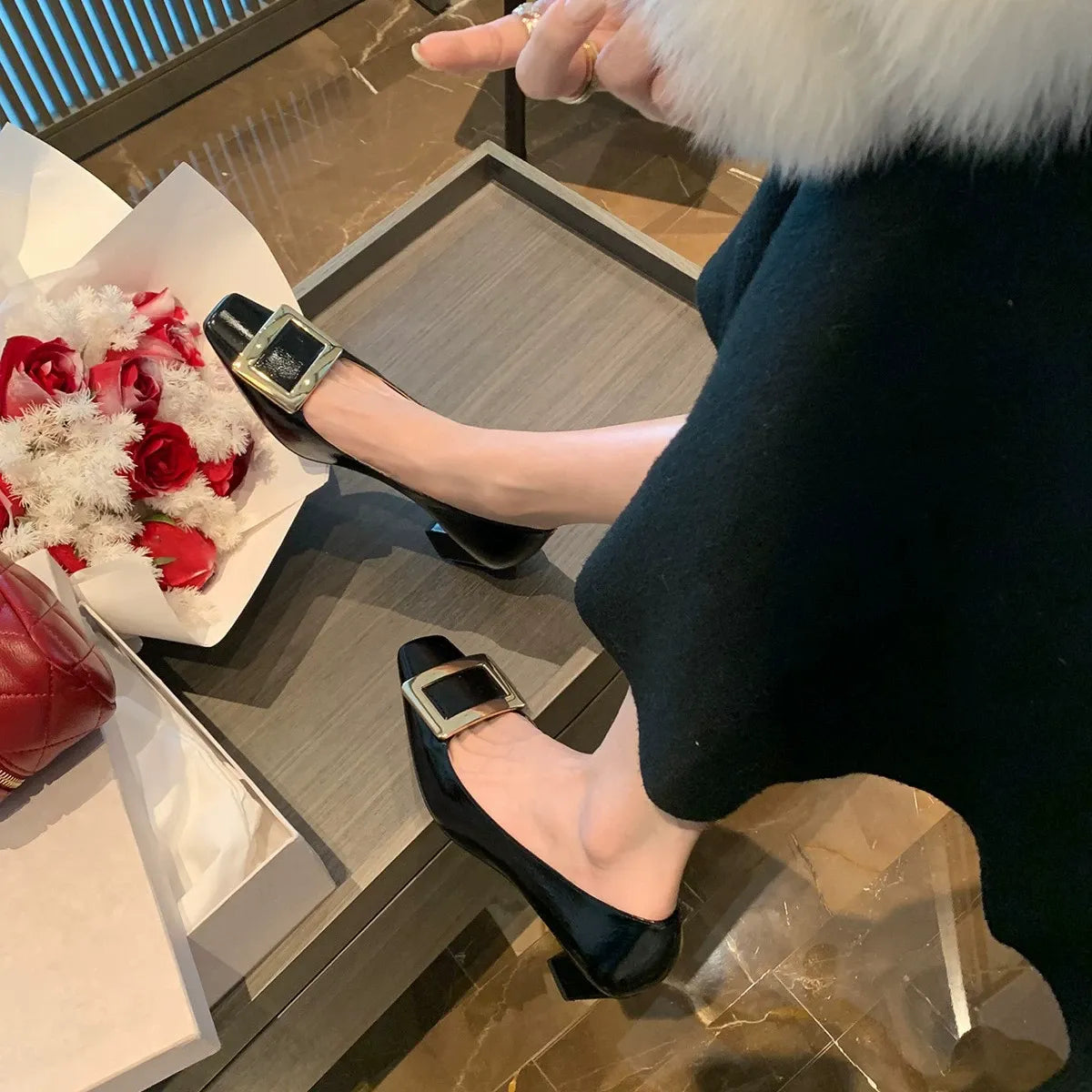 Women's Classic Square-Buckle Block-Heel Shoes