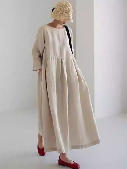 Luxury High-End Linen Spring & Autumn Flared Hem Babydoll Maxi Dress